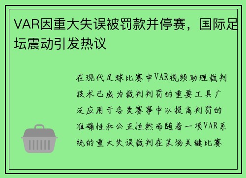 VAR因重大失误被罚款并停赛，国际足坛震动引发热议