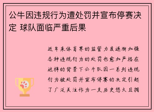 公牛因违规行为遭处罚并宣布停赛决定 球队面临严重后果