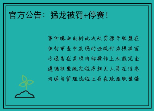 官方公告：猛龙被罚+停赛！