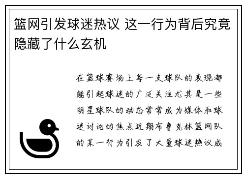 篮网引发球迷热议 这一行为背后究竟隐藏了什么玄机